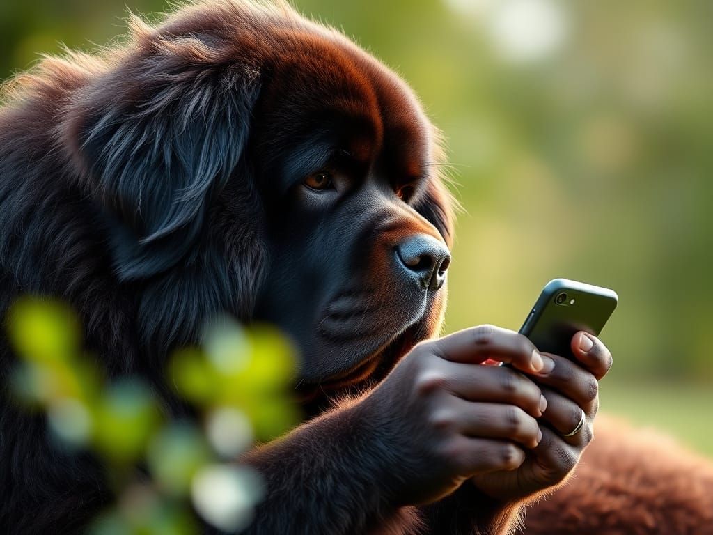 Newfoundland Dog Uses Android Phone With Bokeh Effect