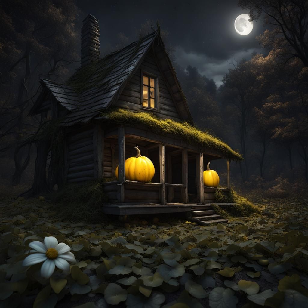 Gourd in Moonlit Forest with Black and White Flowers