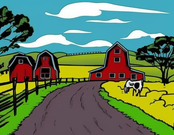winding road through farm land with barns, animals and silos comic book art, perfect, smooth
