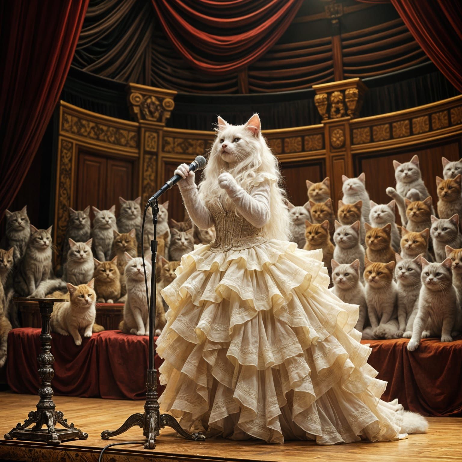 White Cat Diva Sings Opera with Choir in Ruffled Gown