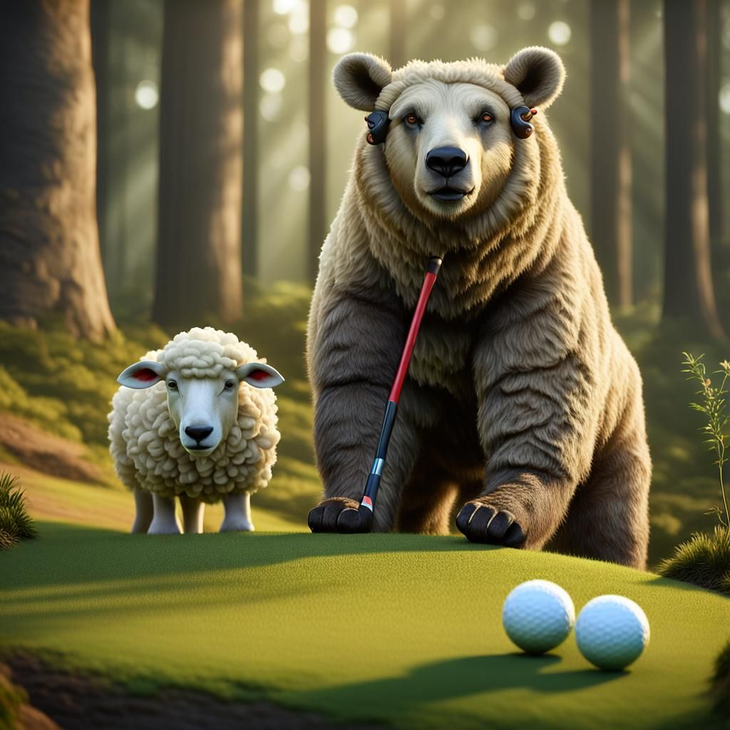 Bear and Sheep Play Golf: Photorealistic Forest Scene