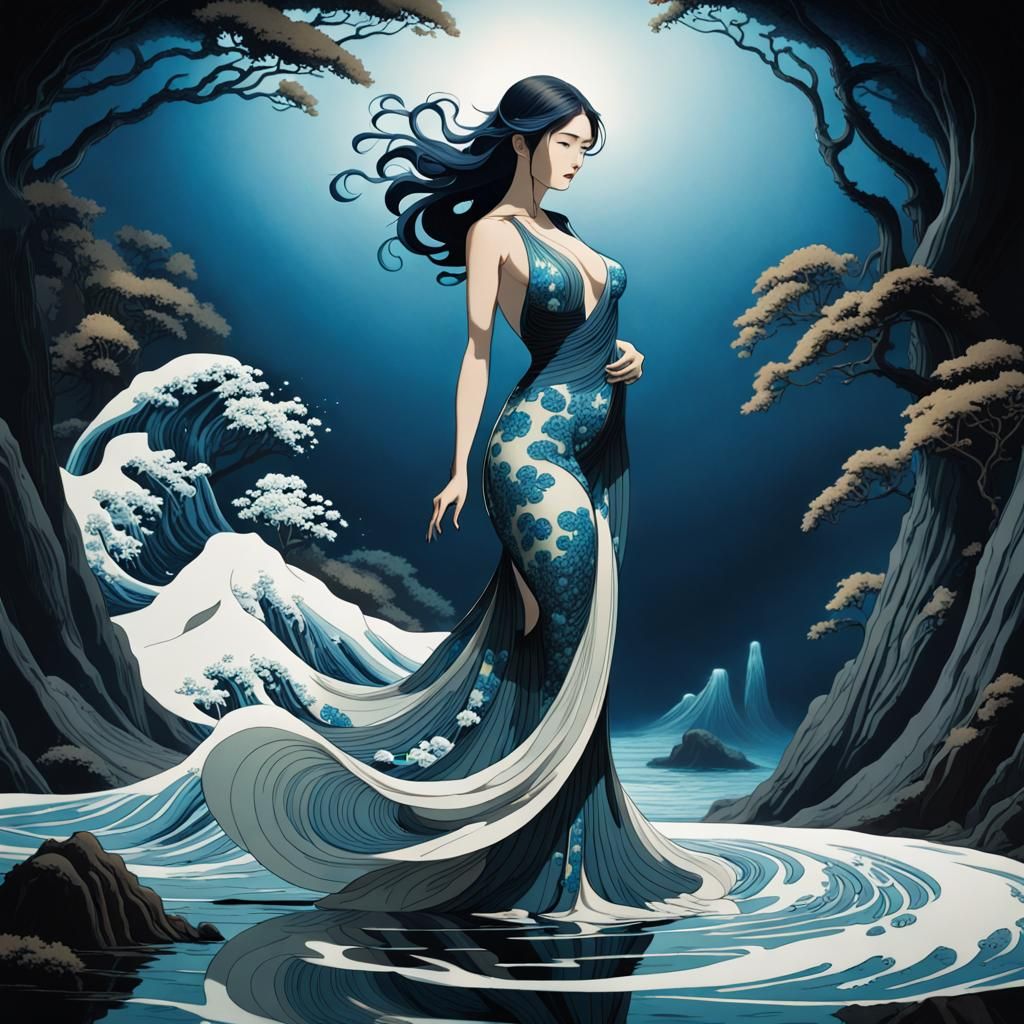 Bioluminescent Woman in Flowing Water Gown