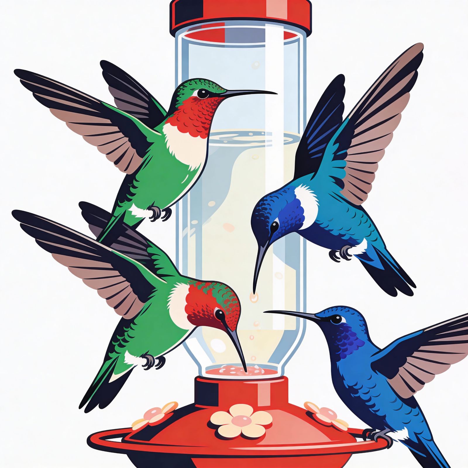 Vibrant Hummingbirds in Graphic Poster Style Illustration