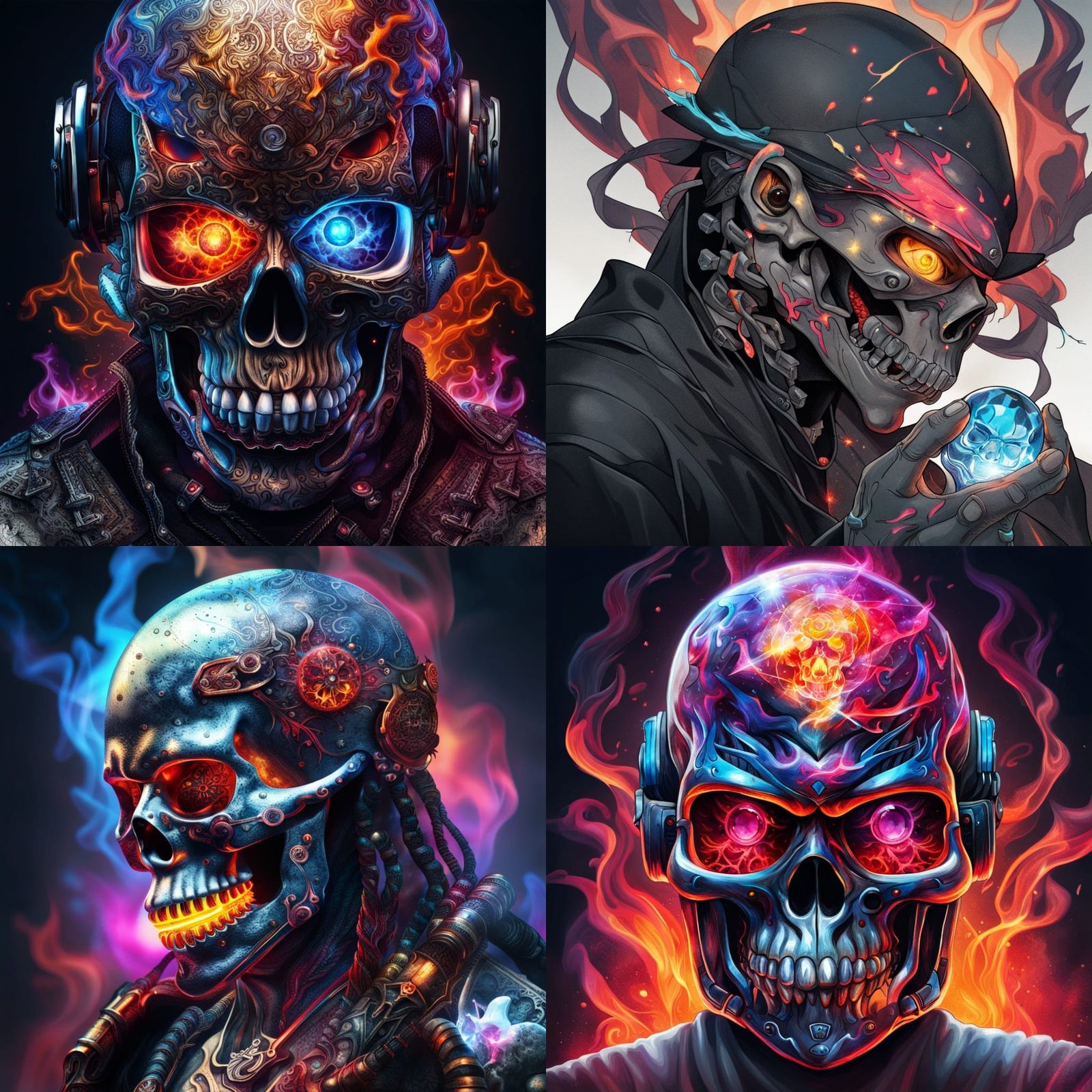 Hyperrealistic Cyborg Ninja with Crystal Skull and Flames