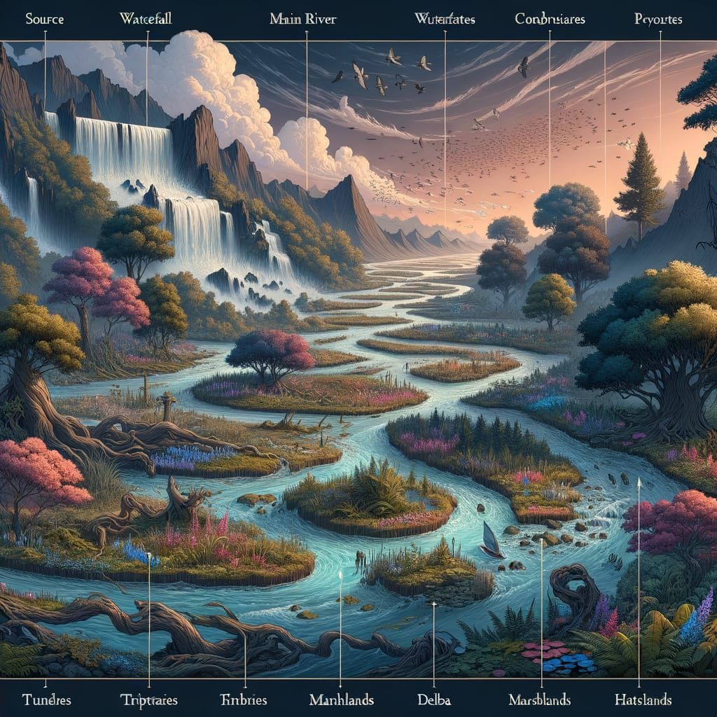 River Ecosystem Diagram in Detailed Matte Painting Style