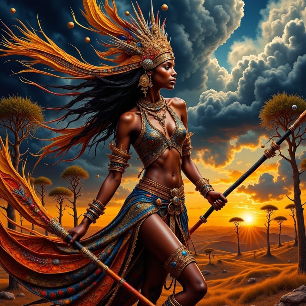 Majestic Afro Fantasy Warrior in Dusk Savanna