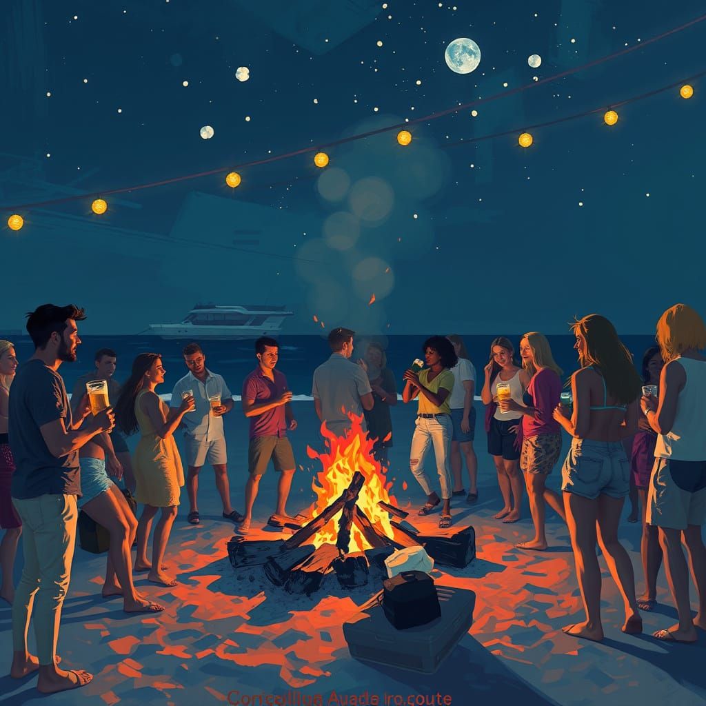 Beach Party Under the Stars in Impressionistic Style