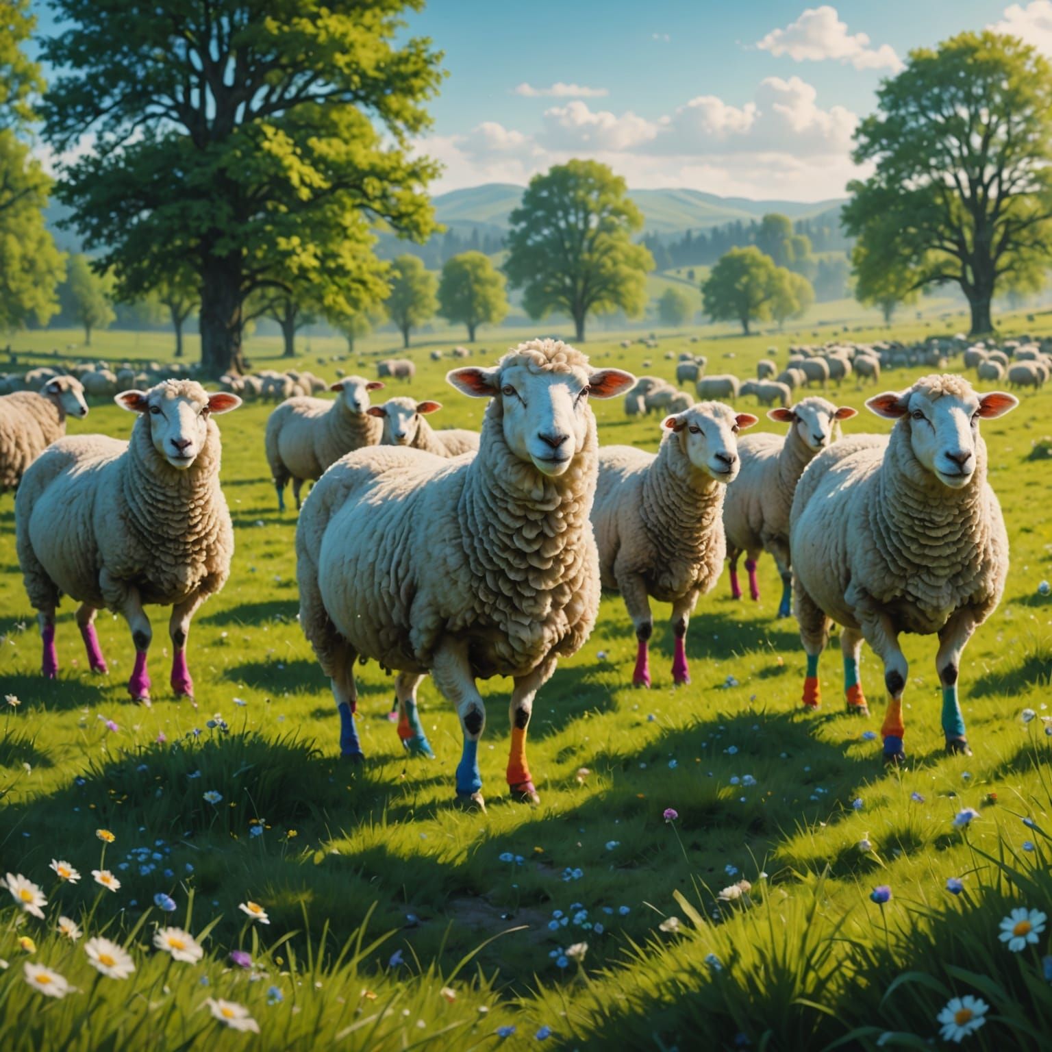 Fluffy Sheep in Socks Grazing in Spring Meadow