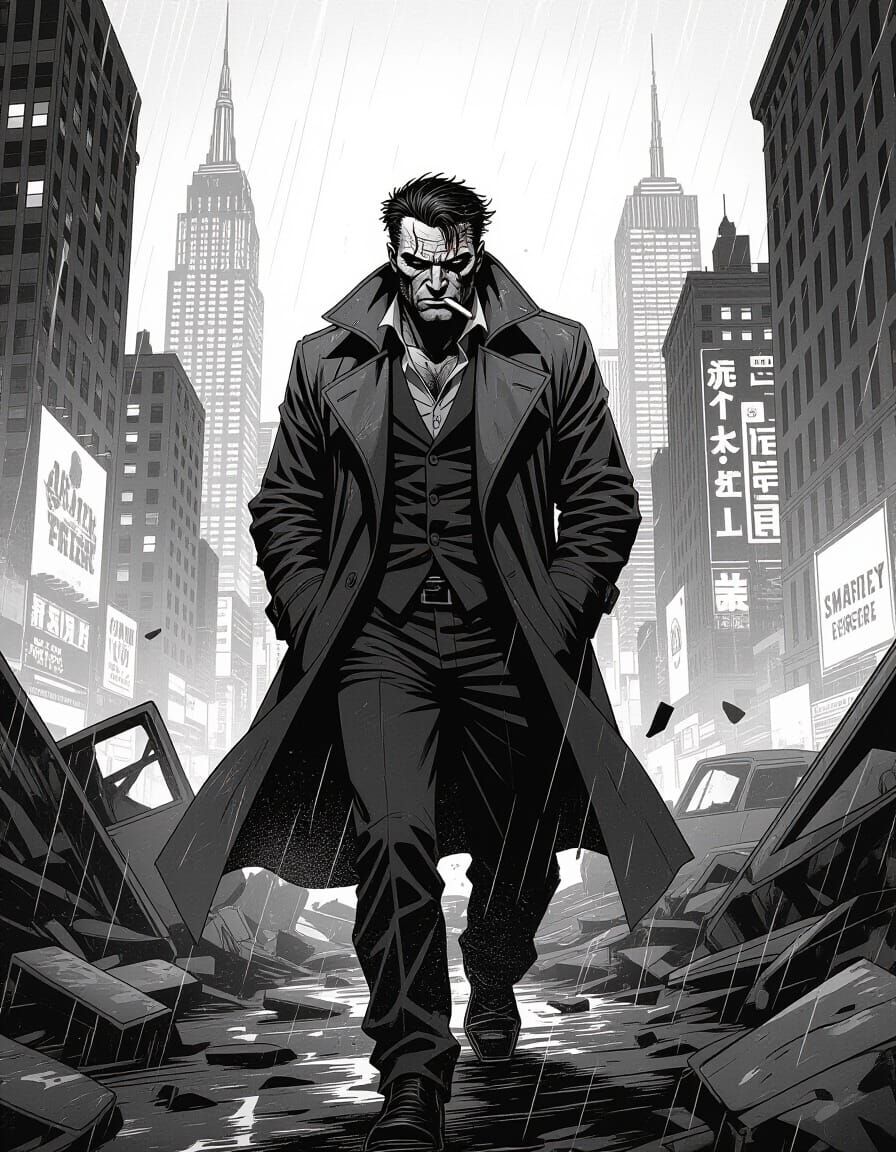 Monochrome Detective Comic Art Amidst City Wreckage