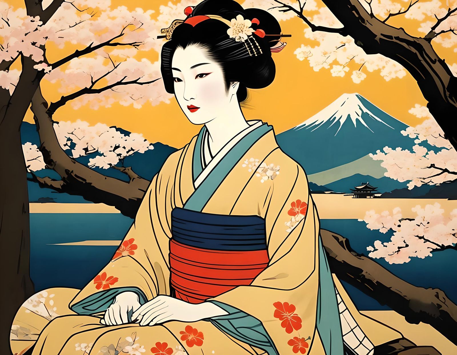 Geisha in Cherry Blossoms, Utamaro Style