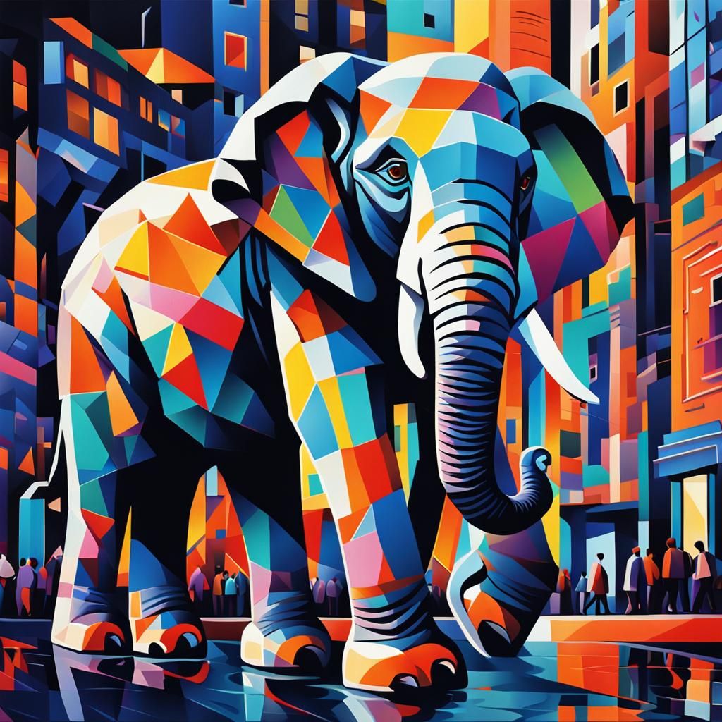Elephant in Geometric Cubist Cityscape