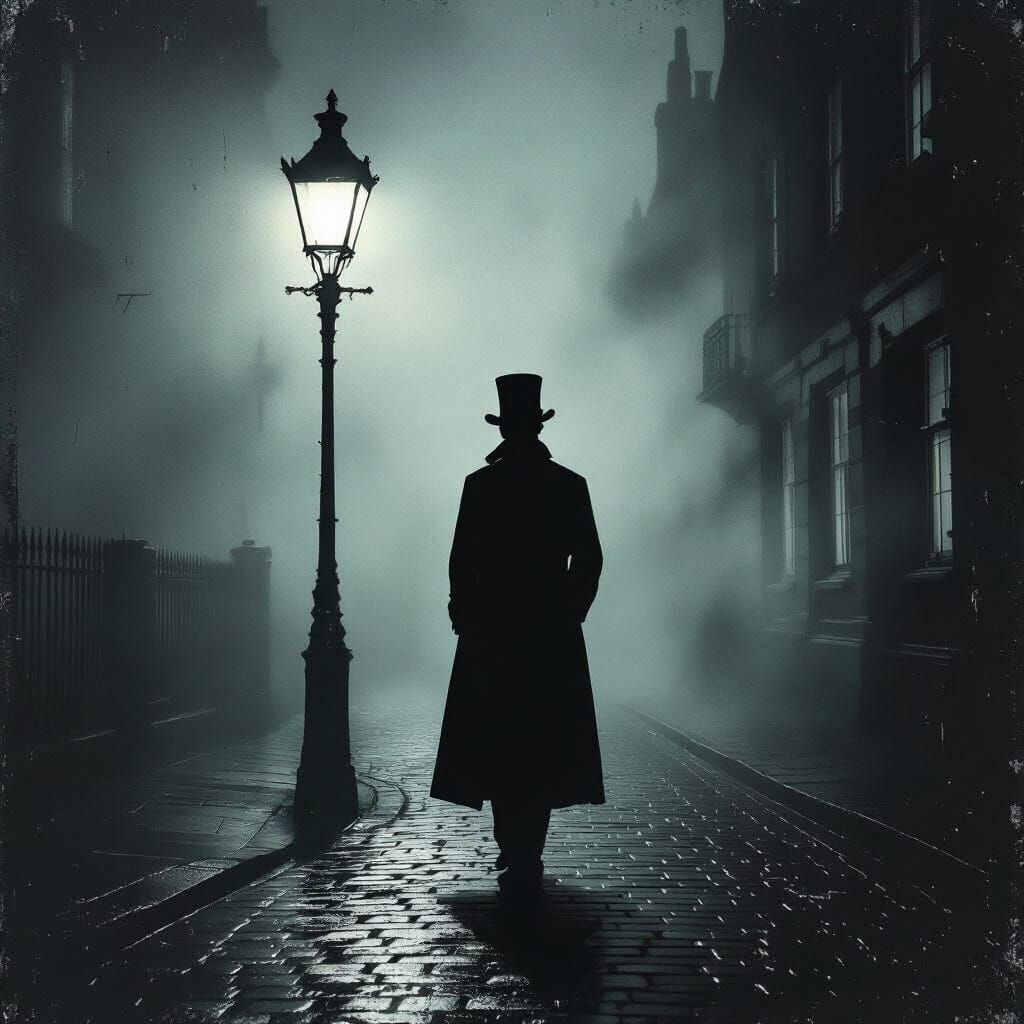 Victorian Gentleman in Fog: Gothic Horror Oil Painting