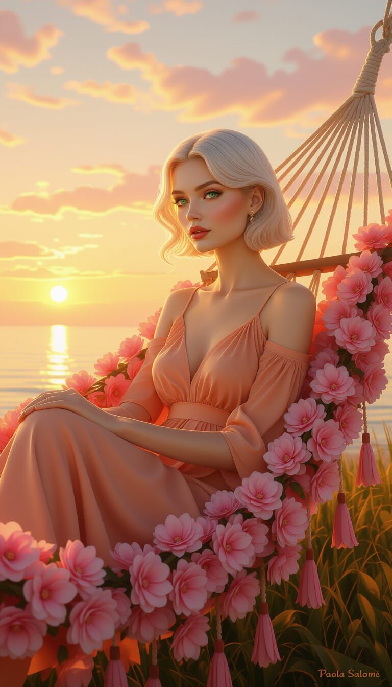 Ethereal Woman in Flower Hammock at Dawn