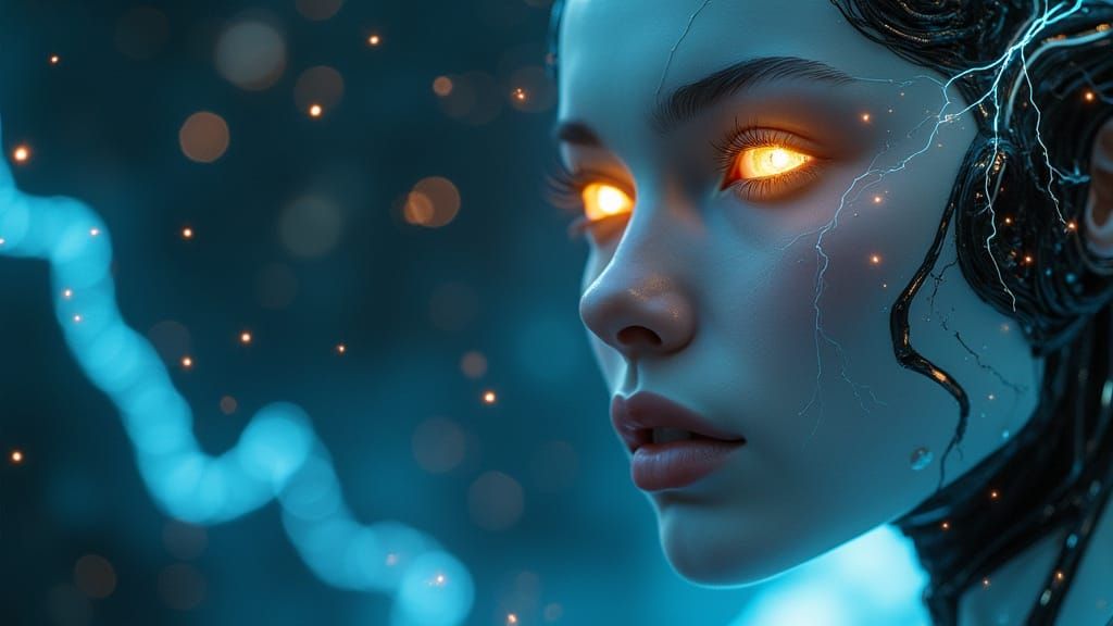 Futuristic Gynoid Awakening with Electric Arcs in Painterly ...