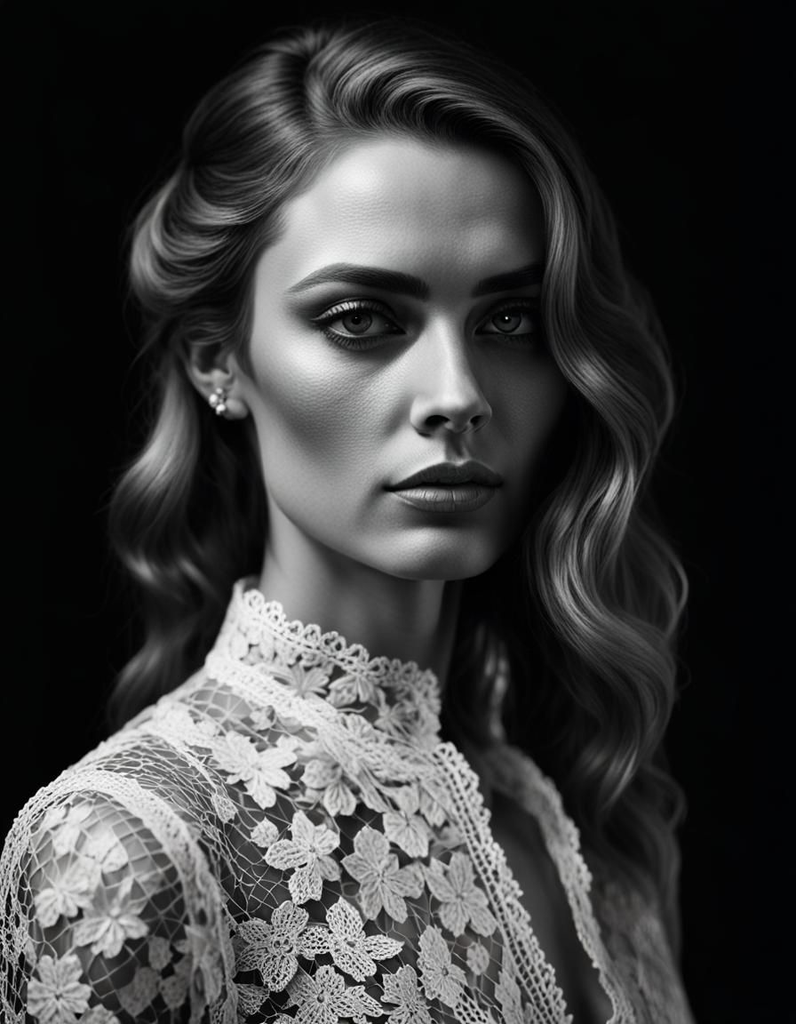 Striking Portrait of Woman in Lace, Black and White