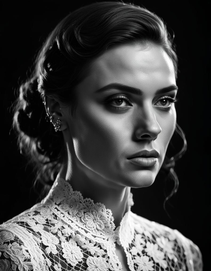 Monochrome Portrait of Young Woman in Lace, Studio Shot