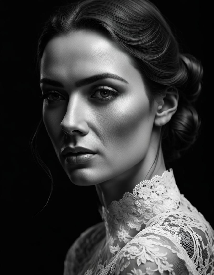 Black and White Portrait in Lace, Cinematic Lighting