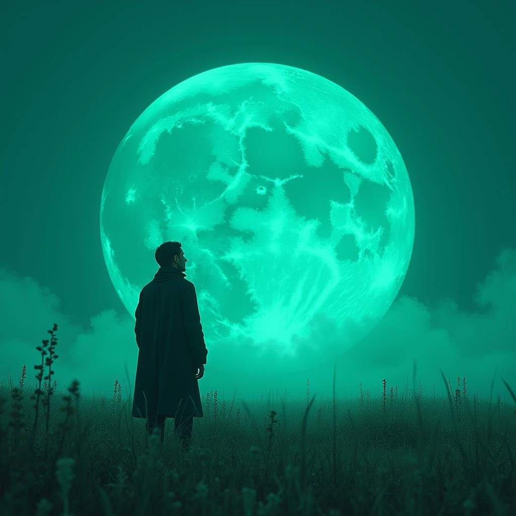 Emerald Sky and Turquoise Moon, Dreamlike Concept Art