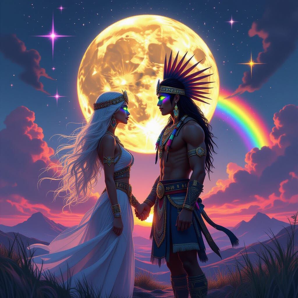 Moon Goddess and Sun God in Dark Fantasy Style