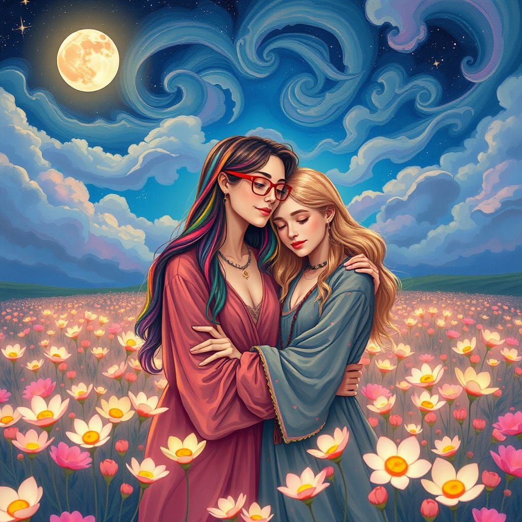 Rainbow Hair Embrace in Bioluminescent Field