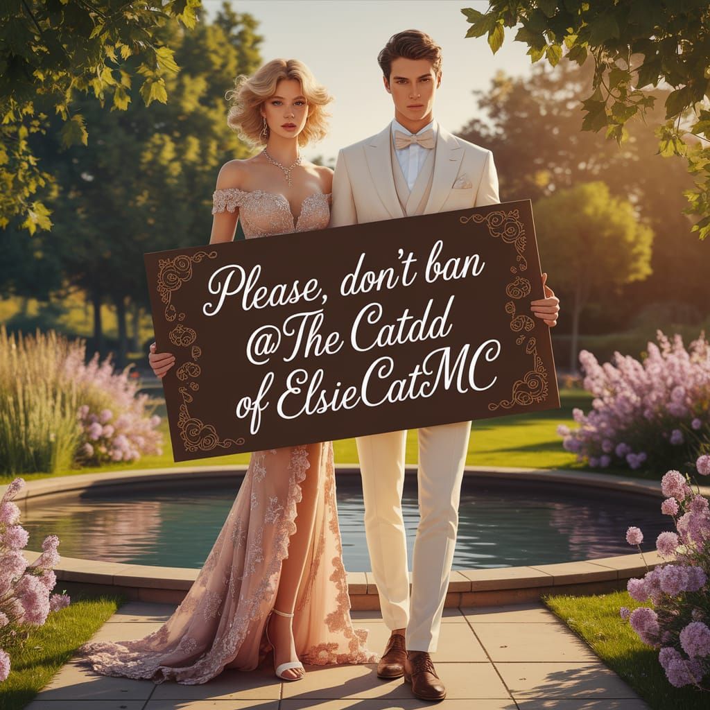 Elegant Pair Hold Sign in Sunlit Park