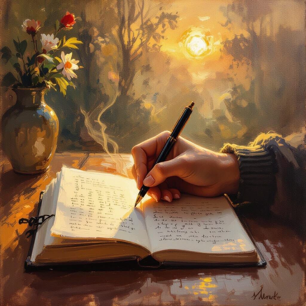 Warm Impressionist Painting of Writing and Love's Glow