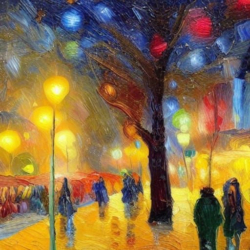 Neo-Impressionist Christmas Tree Painting With Bold Colors
