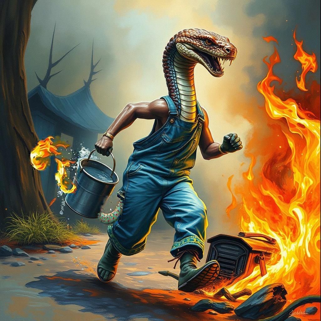 Serpent-Human Hybrid Firefighter in Ethereal Fantasy Setting