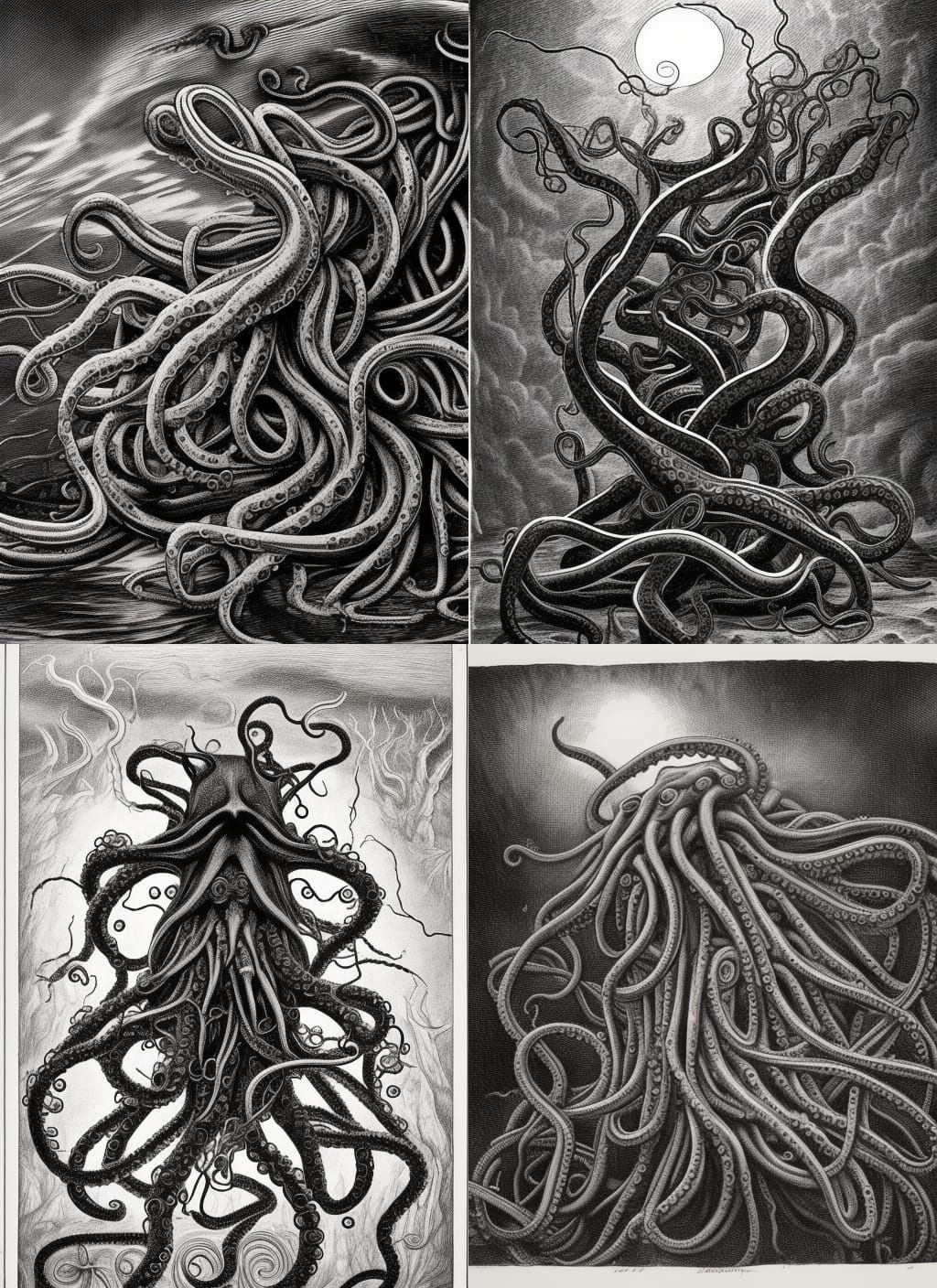 Tentacled Nightmare in Desecrated Graveyard: Charcoal Drawin...