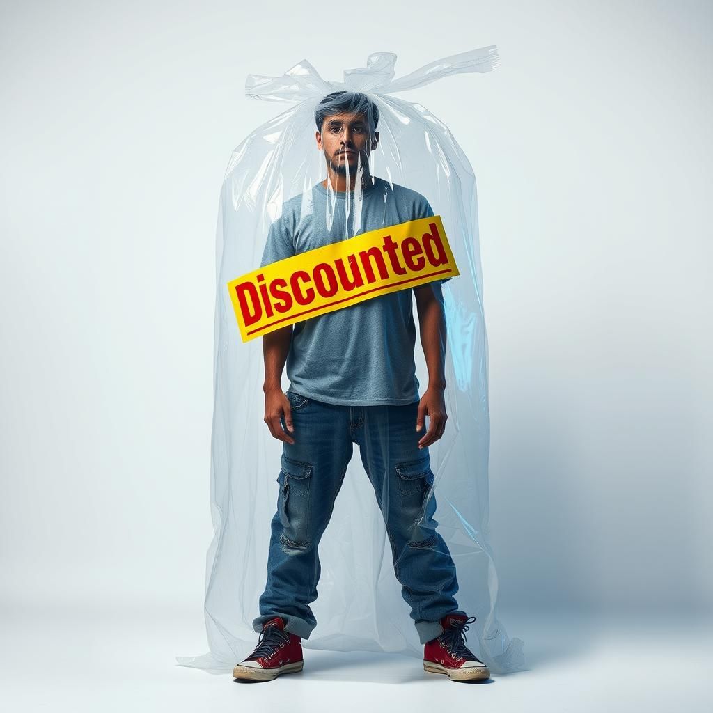 Discounted Person Trapped in Shrink Wrap, Surreal Art