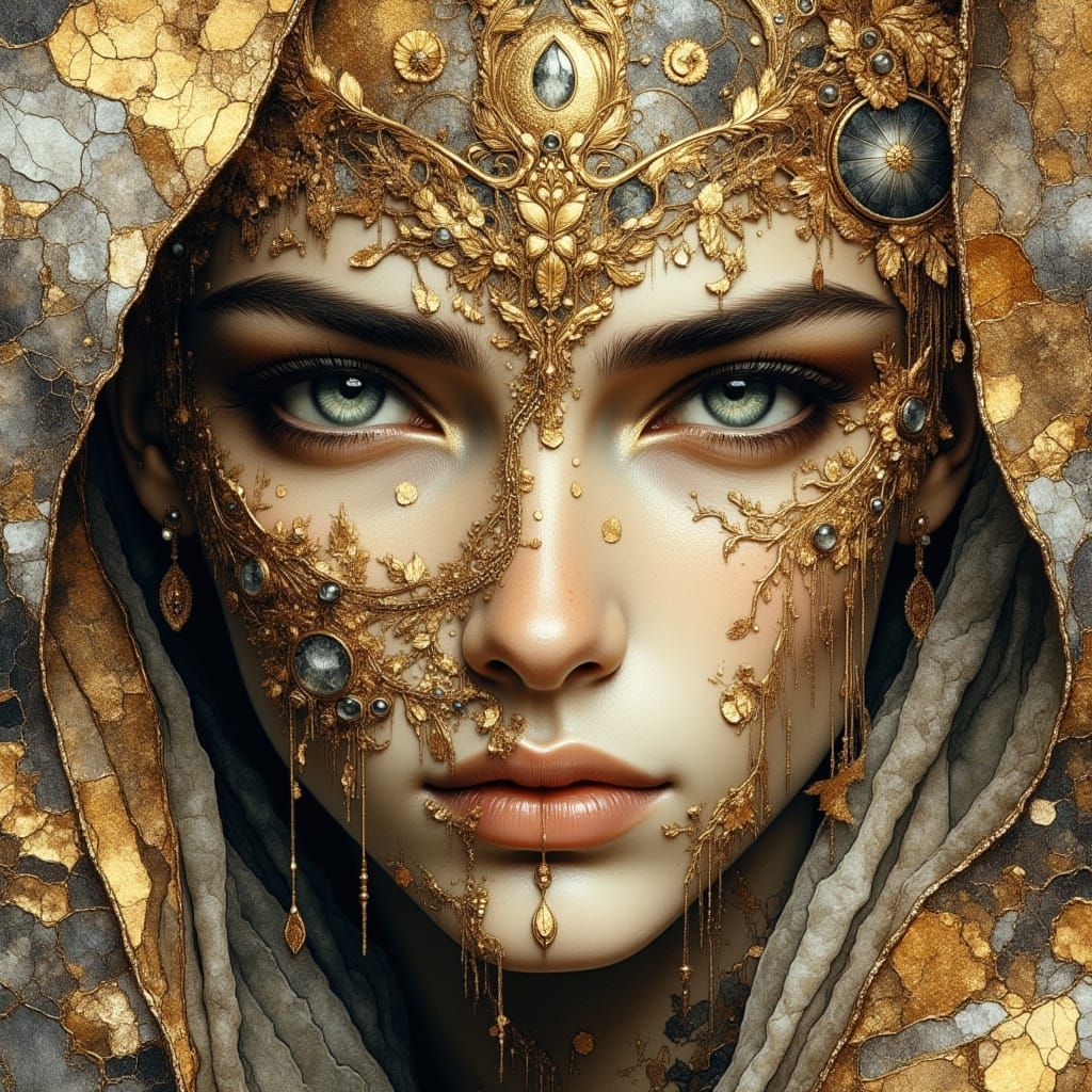 Man's Face with Gold and Silver Adornments, Neoclassic Spani...