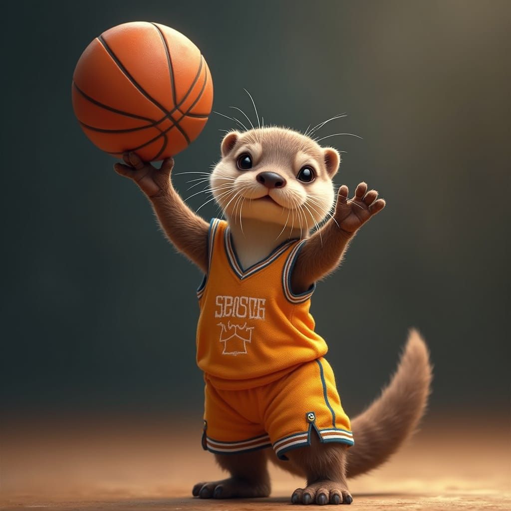Baby Otter in Basketball Jersey Shoots Hoops