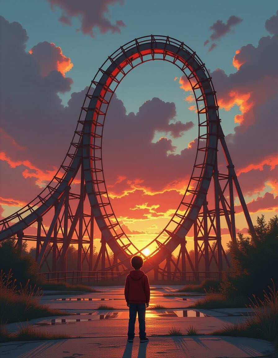 Boy Gazes at Surreal Roller Coaster Ending Mid-Air at Sunset