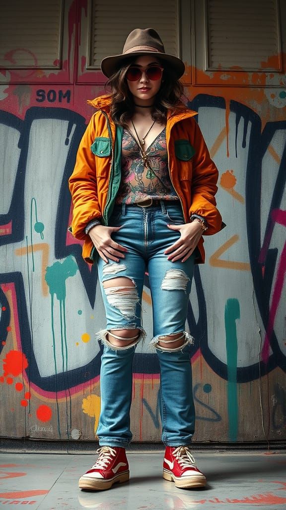 Woman in Eclectic Outfit Surrounded by Graffiti