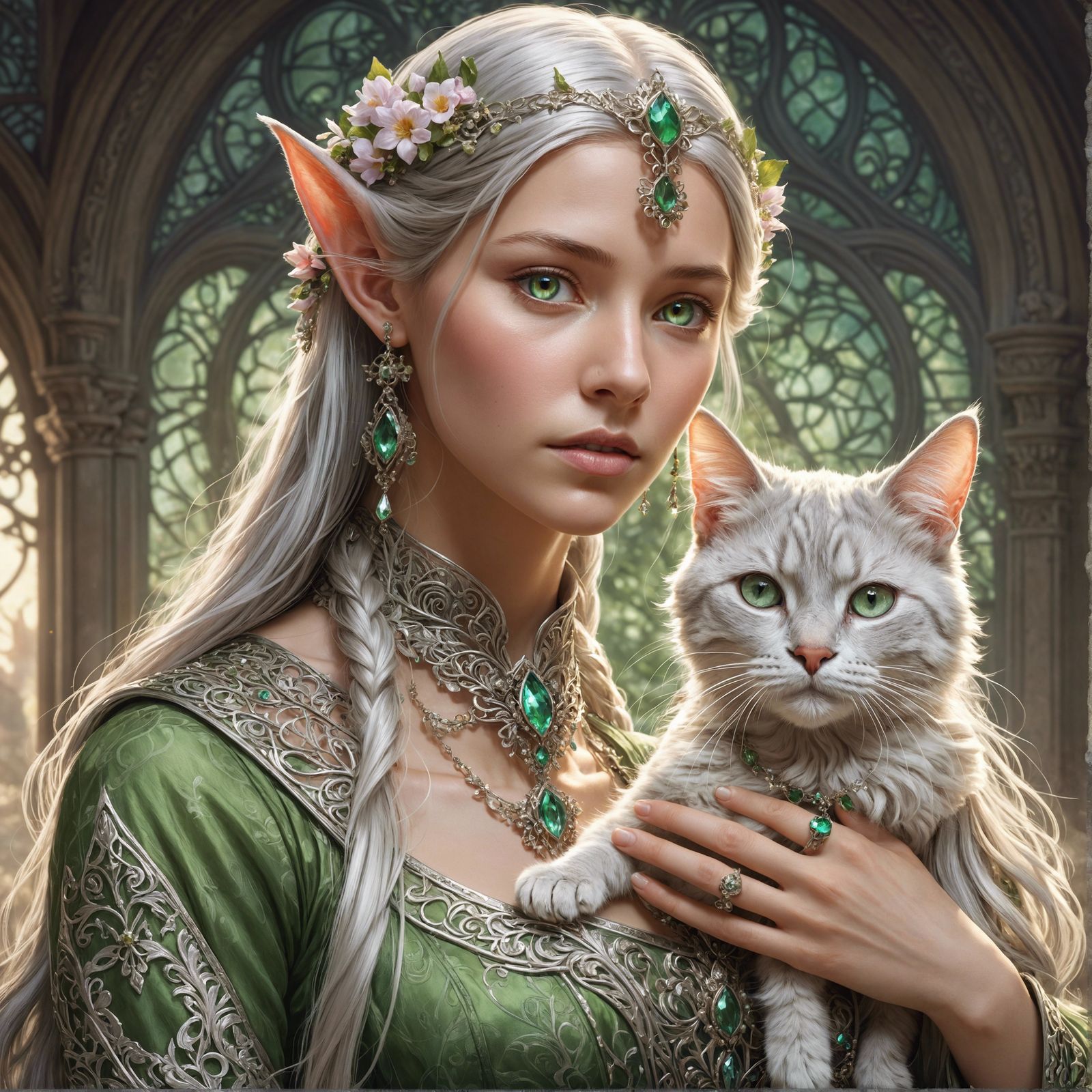 Elven Mage Portrait with Cat in Hyperdetailed Style