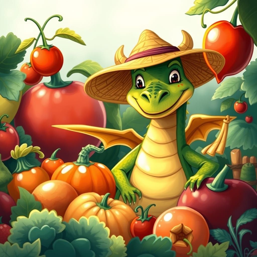 Friendly Dragon Tends a Whimsical Garden