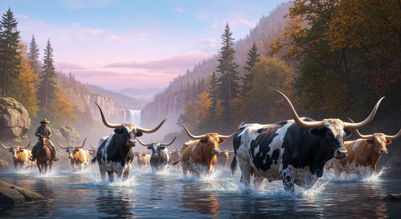 Cowboy Leads Longhorn Herd Through Autumn Landscape
