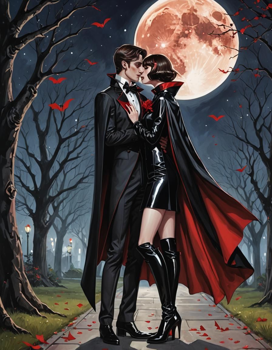 Vampire Couple Kissing Under Full Moon in Anime Style