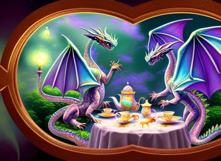 Baby Dragons Teatime: Holographic Astral Illustration