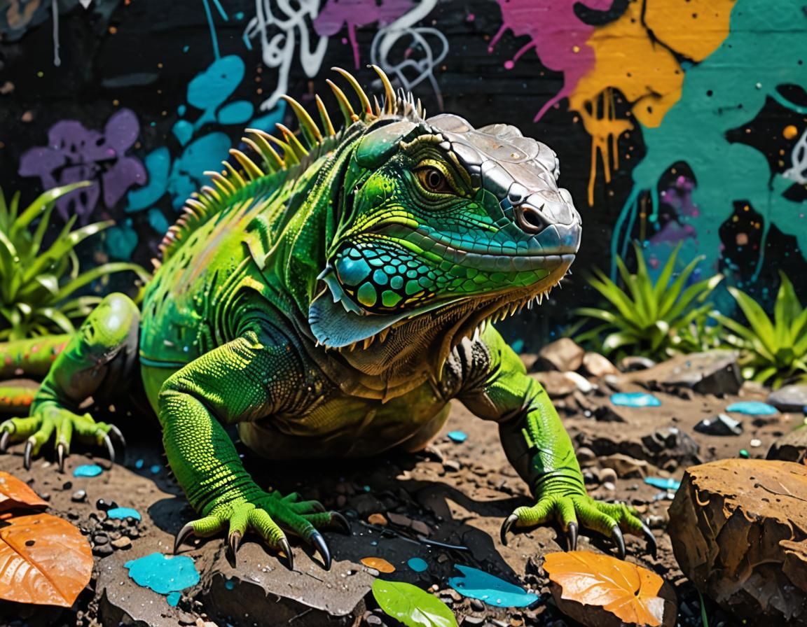 Green Iridescent Iguana with Graffiti Art