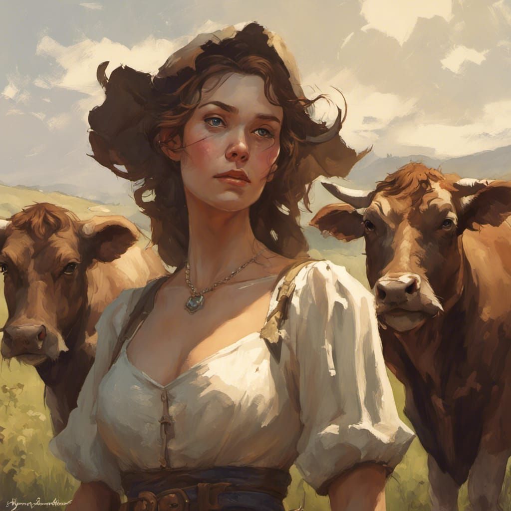 Romantic Medieval Farm Girl Portrait in Frank Frazetta Style