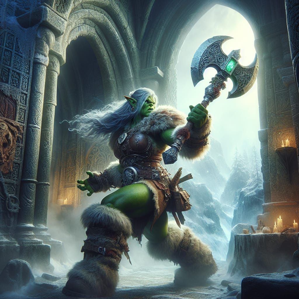Ork Barbarian Monk in Fantasy Castle, Oil Painting