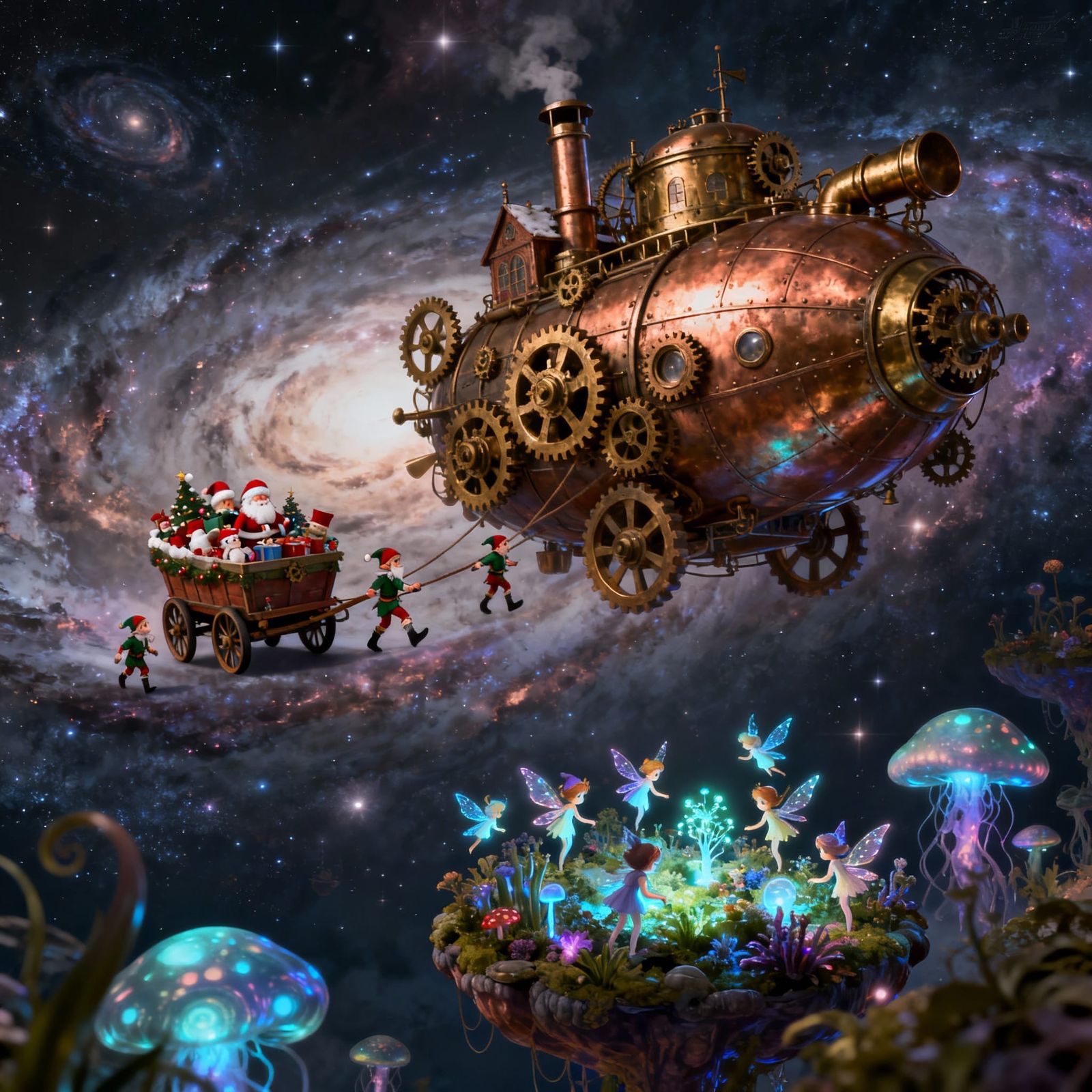 A majestic steampunk airship pulling a wagon load of toys, delivering them to Santas work shop, the Elves are slowing do...