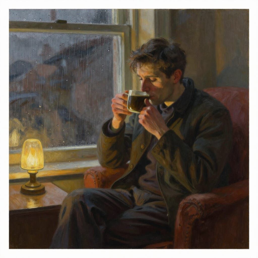 Cozy Rainy Afternoon Coffee Scene in Oil Painting Style