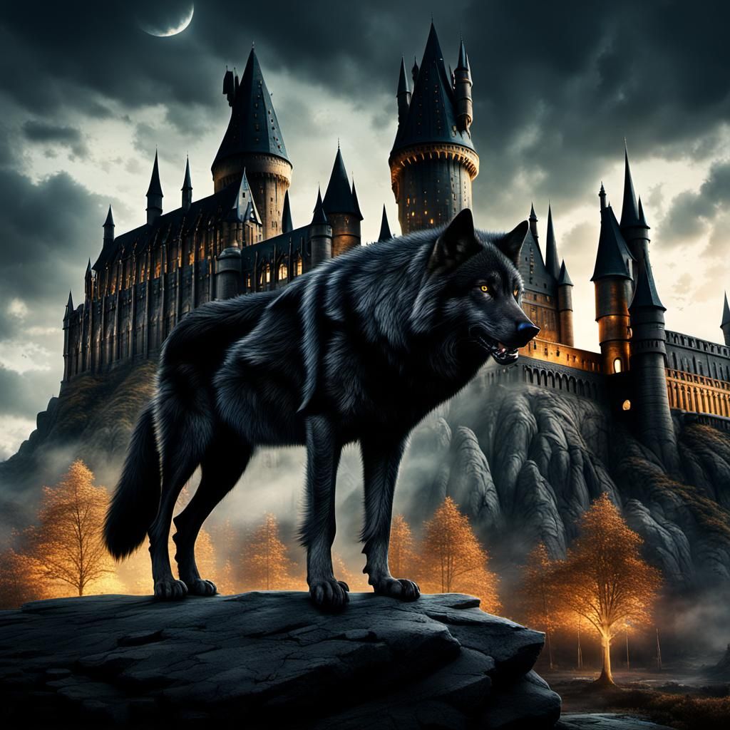 Black Wolf Guarding Hogwarts: Dramatic Digital Painting
