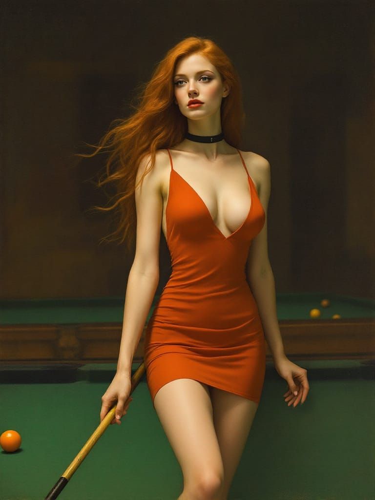 Woman with Red Dress and Pool Cue in Dimly Lit Hall