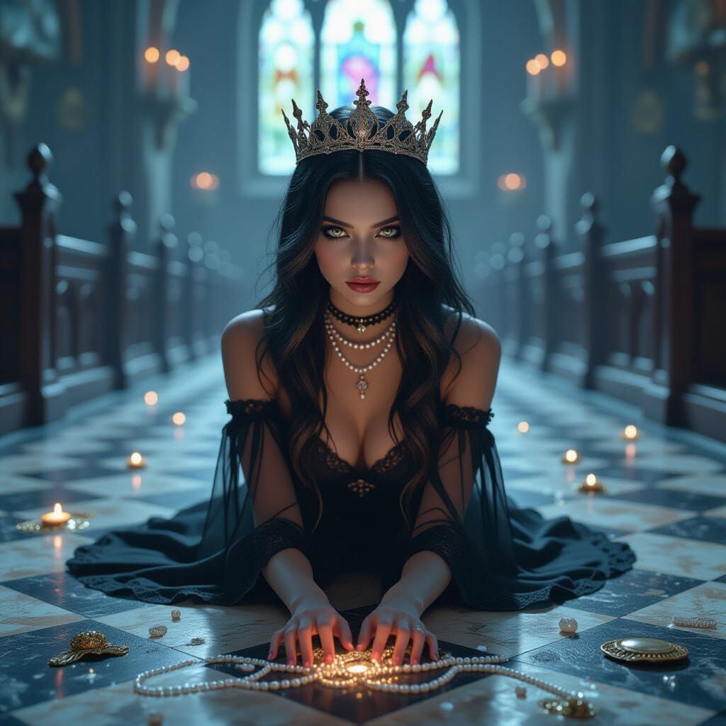 Ethereal Goth Girl With Pearl Crown and Glowing Artifacts