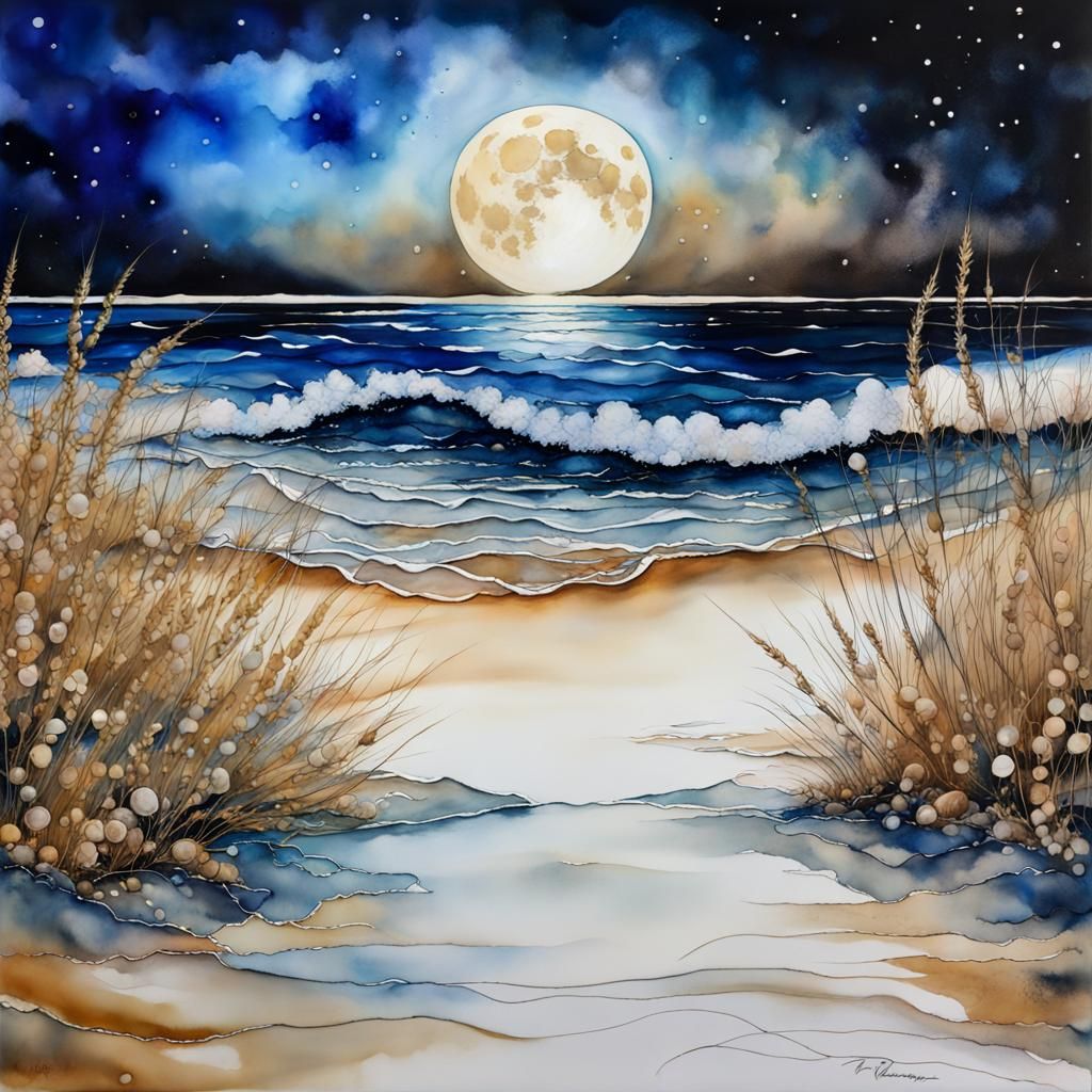 Surreal Beach at Night: Alcohol Ink Art