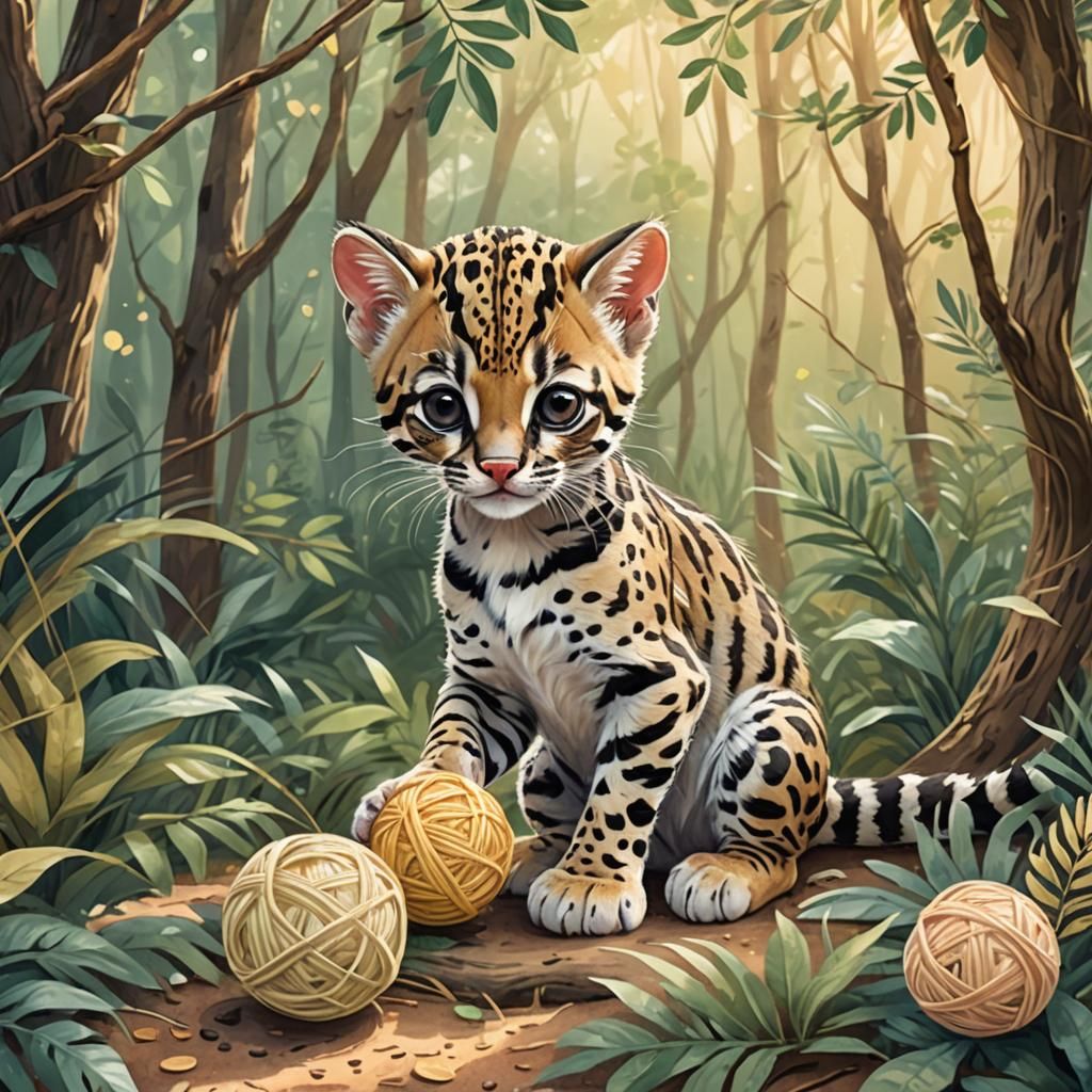 Cute Ocelot Cub Playing: Whimsical Watercolor Forest