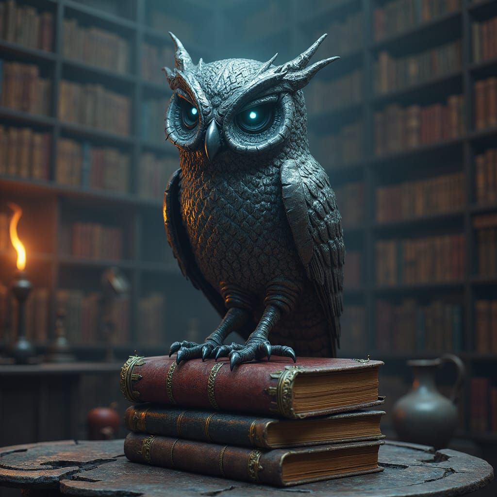 Cyborg Owl in Gothic Library: Matte Painting Style